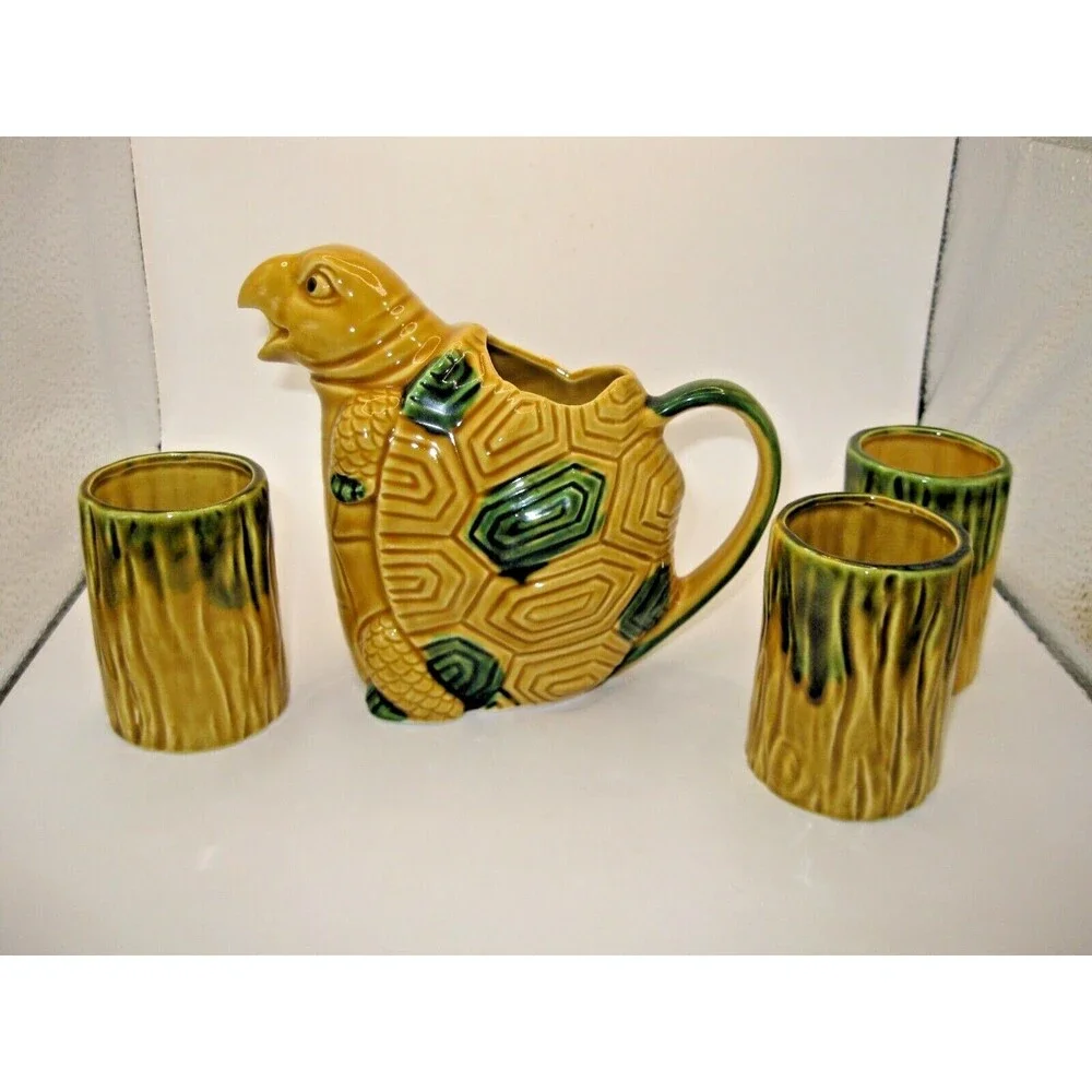 Anthropomorphic Turtle Pitcher & 4 Cups Tiki Barware Norleans Gold & Green Japan